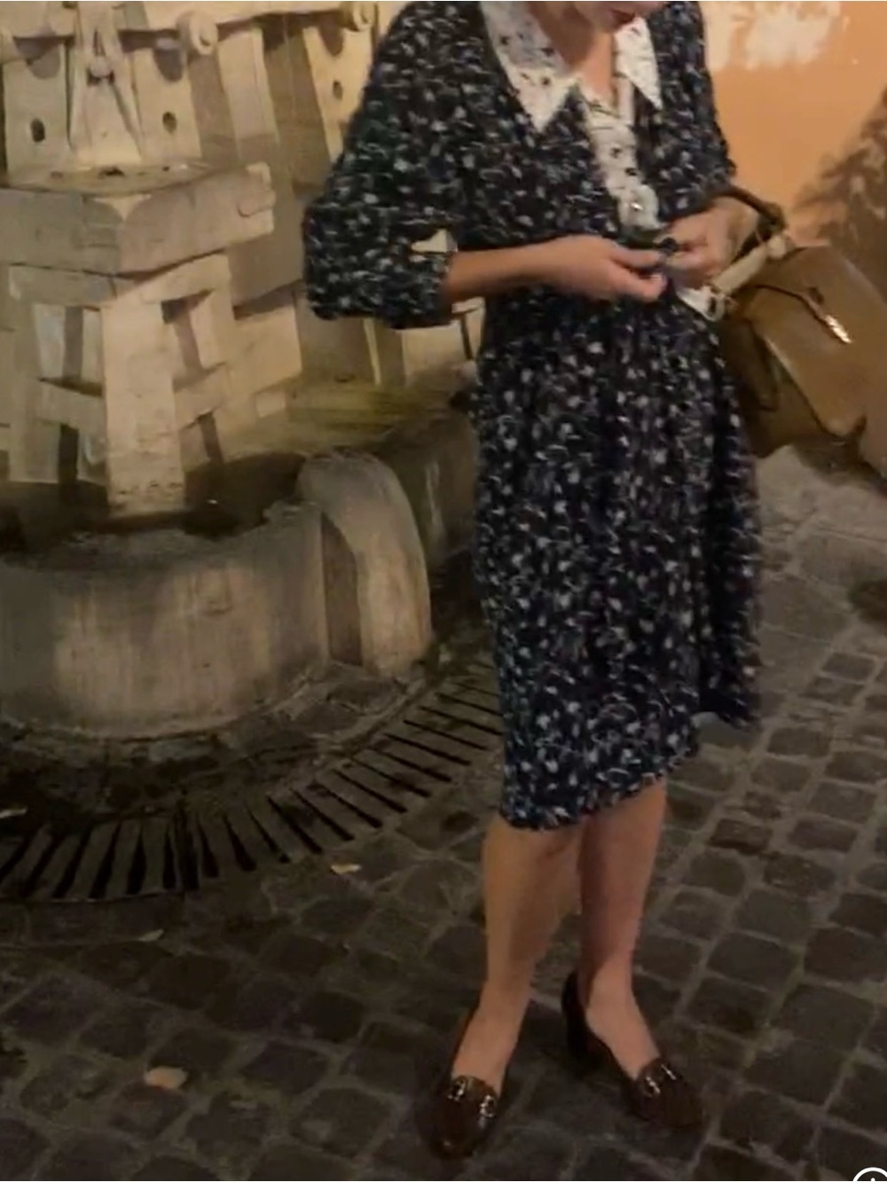 Vintage Italian Silk Floral Midi Dress with White Contrast Collar and tie front